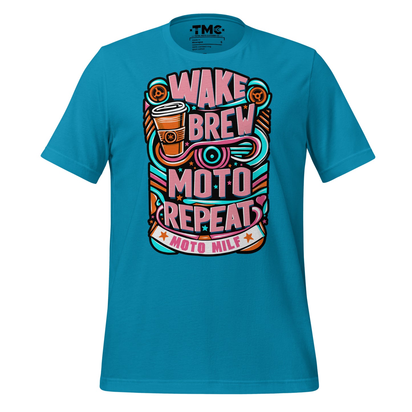 Wake, Brew, Moto, Repeat. MOTO MILF - Unisex t-shirt WHT and Colored Tees