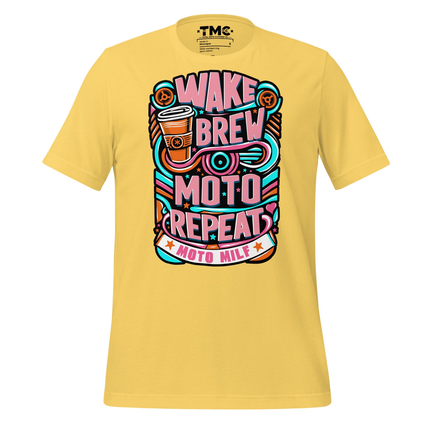 Wake, Brew, Moto, Repeat. MOTO MILF - Unisex t-shirt WHT and Colored Tees